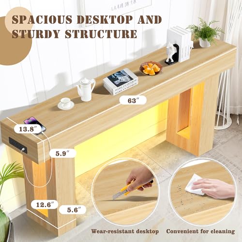 Grepatio 63 Inch Entryway Console Table, Wood Entry way Table with LED Light, Long Console Table with USB Power Outlet, Narrow Sofa Behind Couch Tables for Entrance, Hallway, Living Room (LED Natural) - color: Led Natural