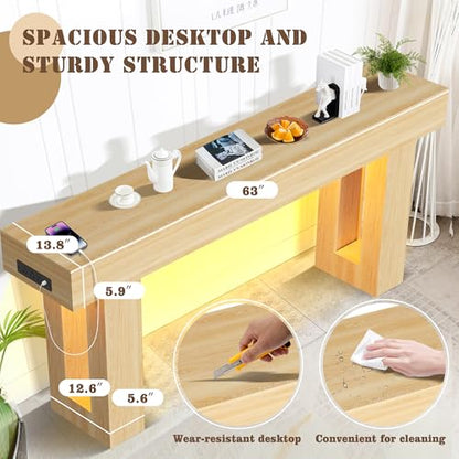 Grepatio 63 Inch Entryway Console Table, Wood Entry way Table with LED Light, Long Console Table with USB Power Outlet, Narrow Sofa Behind Couch Tables for Entrance, Hallway, Living Room (LED Natural) - color: Led Natural