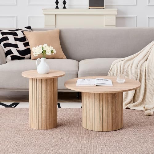 Round Nesting Coffee Table Set of 2 Mid Century Modern Wood Round Coffee Tables with Flexible Small Boho Circle Side Table for Space Saving Living Room Comedor Home Office Bedroom(Natural) - color: 2pcs Natural