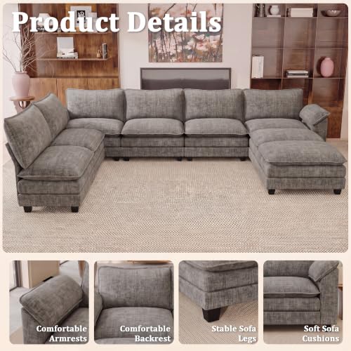 JUMMICO 232" Oversized Sectional Couch, Modular Cloud Sofa, Light Grey | Comfy Chenille, 2 Movable Ottoman, Deep Seat, Double Layer Cushion, 6 Seat, High-Density Foam, for Living Room - color: Light Grey, size: Oversized Sofa