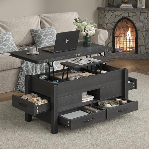 39.4" Lift Top Coffee Table 180° Flip Convertible Center with 4 Drawers Hidden Storage Silent Gas Multi-Function Rising Workstation for Living Room Apartment Home Office Black