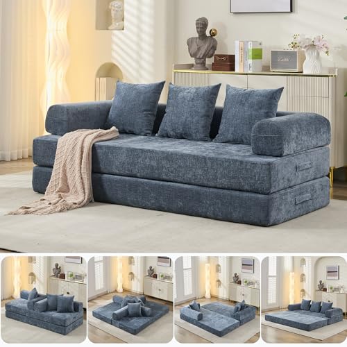 Convertible Folding Sofa Bed Modular Floor Couch, 78.8‘’ Cloud Sleeper Sofa with Removable Backrest, Chenille Foldable Mattress Couch, Lazy Loveseat for Small Space, Apartment, Bedroom, Blue - color: #3-blue