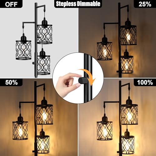 ROTTOGOON Dimmable Farmhouse Floor Lamp, Industrial Floor Lamp for Living Room with 3 X 6W LED Bulbs, 3 Light Rustic Standing Tall Lamp for Bedroom, Office, 68" - color: Black - Dimmable (With Bulbs), size: 68"