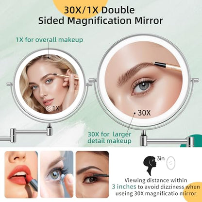 FUNTOUCH 5000mAh Rechargeable Wall Mounted Makeup Mirror with Light Charger | Double Sided 1X/30X Magnification,3 Color Lights,Touch Dimmable,Extended Arm 360 Rotation Lighted Bathroom Mirror - color: Polished Chrome
