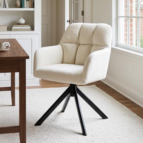 EALSON Comfy Velvet Desk Chair Modern Computer Task Chair no Wheels Swivel Accent Chair with Mid Back Arm Chair for Living Room/Bedroom/Home Office(Beige) - color: White