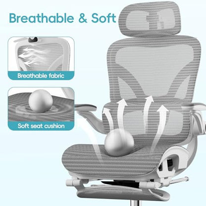 Ergonomic Office Chair, Home Office Desk Chairs with Adjustable Lumbar | Allion Ergonomic Mesh Computer Gaming Chairs with 3D Headrest, Flip-up Arms, Big Tall Reclining chair for Men Women, Grey - color: Grey