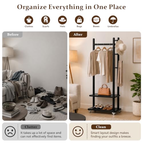 Coat Rack Solid Wood Stand Storage 2 Shelves 4 Hooks Black | Entryway hallway bedroom office, durable wood construction, freestanding design, coats hats bags storage - size: Black -S:18.9''D x 13''W x 71''H (With Wheels）