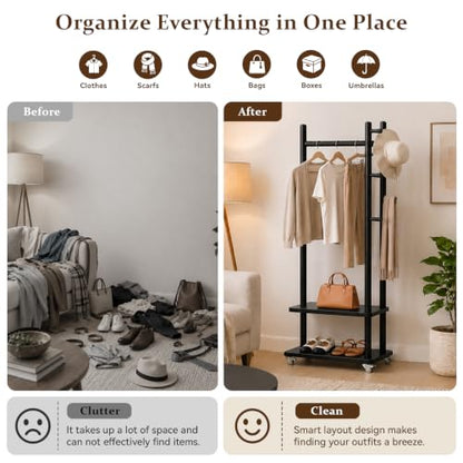 Coat Rack Solid Wood Stand Storage 2 Shelves 4 Hooks Black | Entryway hallway bedroom office, durable wood construction, freestanding design, coats hats bags storage - size: Black -S:18.9''D x 13''W x 71''H (With Wheels）