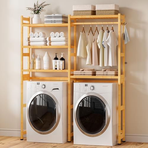 Cozivolife Over The Washer Dryer Storage Shelf: Bamboo 5 Tiers (Natural) | Laundry Room Drying Rack with Adjustable Shelves and 4 Hooks - Space Saver Organizer for Hanging Clothes and Towels - color: Natural
