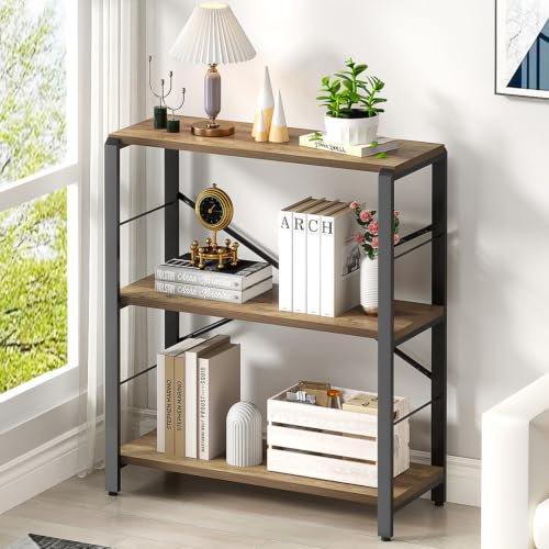 Small Bookshelf, 3 Tier Open Book Shelf, Rustic Wood and Metal Shelving Unit for Small Space, Oak - color: Oak, size: 3-Tier