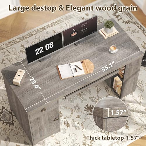 HSH 55" Modern Office Desk, Farmhouse Grey Computer Desk with Keyboard Tray | Wooden Executive Computer Table Teacher Desks with Storage Drawers Shelves and Cabinet for Home Writing Work Study - color: Light Grey Oak