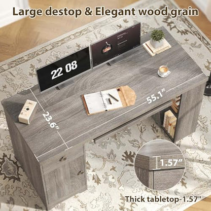 HSH 55" Modern Office Desk, Farmhouse Grey Computer Desk with Keyboard Tray | Wooden Executive Computer Table Teacher Desks with Storage Drawers Shelves and Cabinet for Home Writing Work Study - color: Light Grey Oak