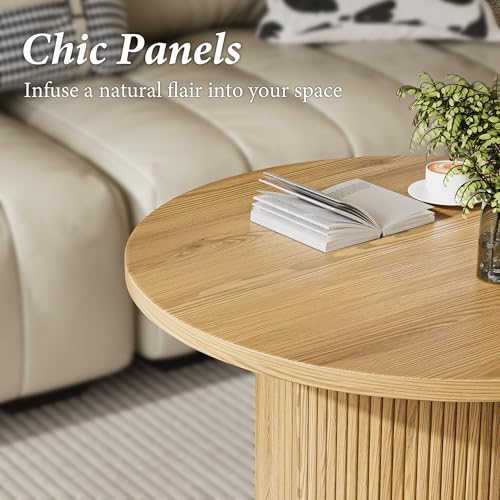 MAISONARIA Round Coffee Table with Metal Frame, 35.4" Coffee Tables for Living Room, Circle Wood Accent Center Table for Apartment, Oak - color: Nature