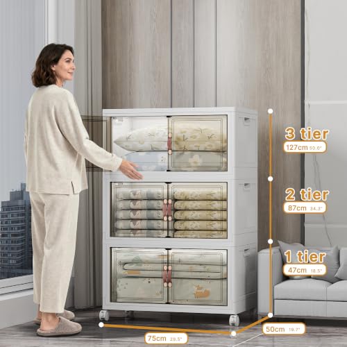 Stackable Storage Bins, 525QT Collapsible Drawers with 1 Lid | Large Capacity, Magnetic Door, Stack Lock, Rolling Wheels, Foldable Design, Organizers and Storage for Bedroom Dorm Garage - color: White-175QT, size: 3Pack with 1 top lid