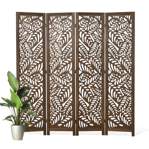 Leaf-Carved Room Divider Privacy Screen - 67 Inch Tall Foading Decorative Wood Screen Dividers Panel for Home - Natural Wood Room Partitions for Enhanced Privacy and Style Brown 4 Panel - color: Brown, size: 4 Panels