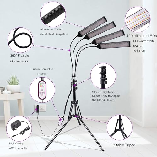 Plant Grow Light with Stand, 420LEDs Sunlight Full Spectrum Floor Plant Light with Timer, 10 Dimmable Levels 4 Head Plant Lamp for Indoor Plants with Stand for Veg and Bloom - size: 480LEDs