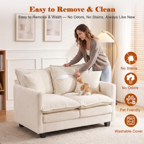 50'' Loveseat Sofa Set, Small Couch Set 2 Piece Cloud Love Seat with 27" Deep Seat Washable Chenille Pillows Couches for Small Spaces Apartment Living Room, Beige - color: Beige, size: 50"+50"