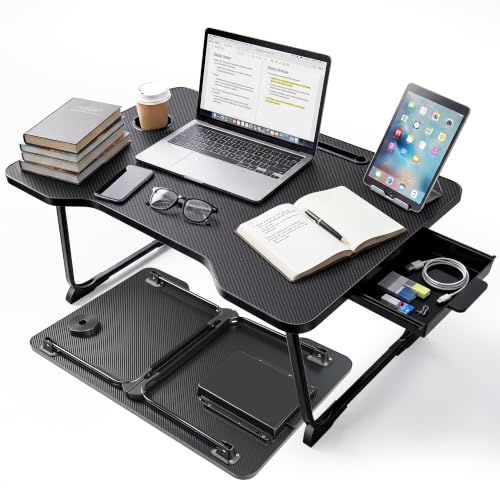 XX-Large Foldable Lap Desk for Adults,27.5 Inch Bed Desk for Breakfast, Working, Writing and Drawing, Usable on Bed, Sofa and Floor, Equipped with Storage Drawer, Cup Holder and Card Slot - size: 27.5*18.9inches