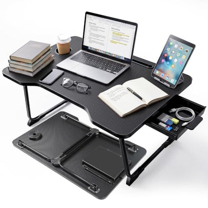 XX-Large Foldable Lap Desk for Adults,27.5 Inch Bed Desk for Breakfast, Working, Writing and Drawing, Usable on Bed, Sofa and Floor, Equipped with Storage Drawer, Cup Holder and Card Slot - size: 27.5*18.9inches