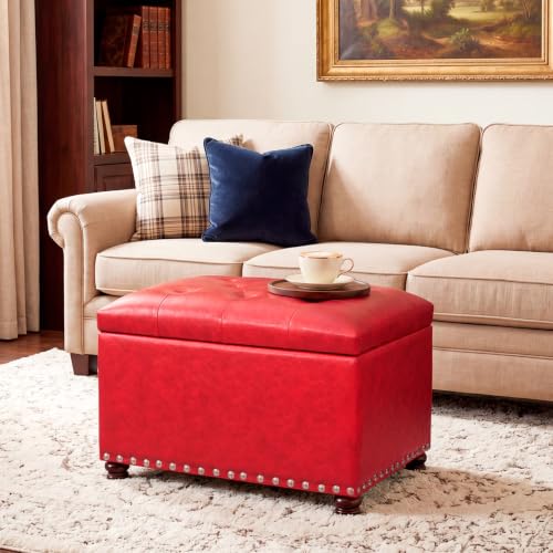 Leather Storage Ottoman, 24" Rectangle Square Bench Foot Rest Stool for Bedroom Living Room, Red - color: Red