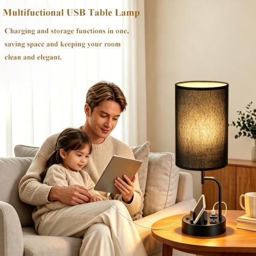 Dreamholder 2 Pack Table Lamp, Bedside Lamp with 3 USB Charging Ports & AC Outlet, USB Desk Lamp with 2 Phone Holders, Linen Fabric Shade Nightstand Lamps for Bedroom Living Room Office, Black Shade - color: Black Shade