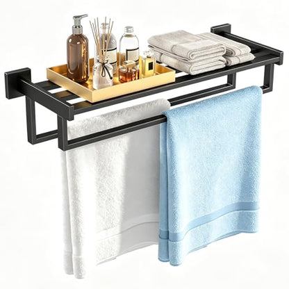 STWWO Towel Racks for Bathroom Wall Mounted, 24 Inch Black Double Towel Bar | Dual Towel Rack with Shelf, Double Towel Bar with Shelf, Stainless Steel Hand Towel Hanger, Bath Towel Holder for Wall - color: Black