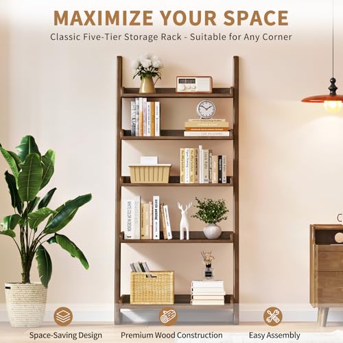 Uniclinens Walnut Wooden Ladder Shelf, 5-Tier Ladder Shelf Bookcase, Ladder Bookshelf for Compact Spaces, Solid Wood Bookshelf for Living Room, Bedroom, Home Office,(23.6''Dx15.7''Wx55.1''H) - color: Walnut