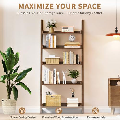 Uniclinens Walnut Wooden Ladder Shelf, 5-Tier Ladder Shelf Bookcase, Ladder Bookshelf for Compact Spaces, Solid Wood Bookshelf for Living Room, Bedroom, Home Office,(23.6''Dx15.7''Wx55.1''H) - color: Walnut