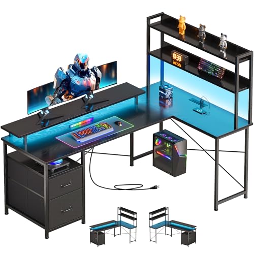 L Shaped Gaming Desk, Reversible with LED Lights, Shelves, Charging, Black | Reversible, LED lights, Charging, Monitor stand - color: Black
