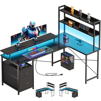L Shaped Gaming Desk, Reversible with LED Lights, Shelves, Charging, Black | Reversible, LED lights, Charging, Monitor stand - color: Black