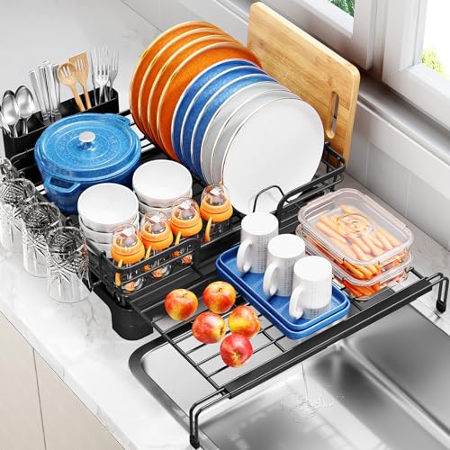 TOOLF Expandable Over The Sink Dish Drying Rack for Kitchen Counter, Black | Extend 12.56"-23.97"L,Stainless Steel & PP,Cups & Cutting Board Holder,Removable Utensil Holder,Adjustable Feet Fit Most Sink - size: 1-Tier(Side Extension)