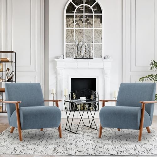 Home Accent Chair Mid Century Modern Accent Chair with Wood Frame, Linen Material Lounge Upholstered Armchair, Reading Chair, For Living Room, Bedroom,Office,Comfy Guest Waiting Room Chairs Blue - color: Blue, size: Linen