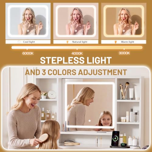 LIVELYGLOW 43.3" White Large Makeup Vanity Desk with Glass Top & RGB Lights - color: White/Transparent
