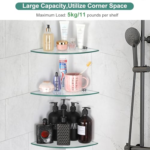 3 Pack Glass Corner Shower Shelves, Tempered Floating Glass Shelves Wall Mount, Shower Caddy Organizer, Bathroom Corner Shelf with Zinc Alloy Brackets for Bathroom, Kitchen, Living Room - size: 3 PACK Without Rail