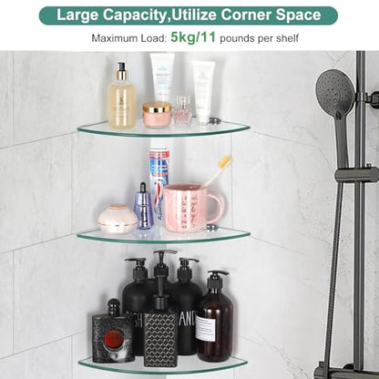 3 Pack Glass Corner Shower Shelves, Tempered Floating Glass Shelves Wall Mount, Shower Caddy Organizer, Bathroom Corner Shelf with Zinc Alloy Brackets for Bathroom, Kitchen, Living Room - size: 3 PACK Without Rail