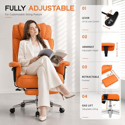 Office Desk Chair, High-Back Big and Tall Leather Chair with Footrest | Ergonomic Reclining Computer Chairs, Comfy Executive Wide Chair with Lumbar Support, Adjustable Armrests, 400LBS (Orange) - color: Orange