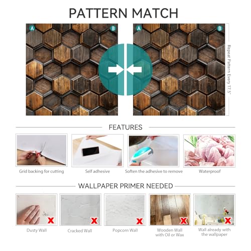 Log Cabin Wood Wallpaper Peel and Stick Wood Grain Contact Paper Dark Brown Walnut Waterproof Tile Wallpaper Kitchen Backsplash Geometric Hexagon Wall Panel Self Adhesive Removable 17.5x80 - size: 17.5x80 Inch