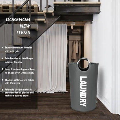 DOKEHOM 90L Large Laundry Basket Bag, Collapsible Tall Hamper, Dark Grey | Freestanding tall washing bin & foldable laundry bag. High-capacity clothes storage basket with durable sturdy handles - color: Dark Grey, size: 90L