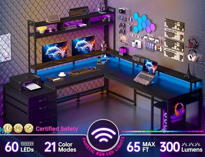EnHomee 64x59 Inch Two Person L Shaped Gaming Desk with Shelf & LED Lights | 4-Layout with 4 AC+2 USB Charging Ports, Remote Lights for Gaming Room, Black - color: Black