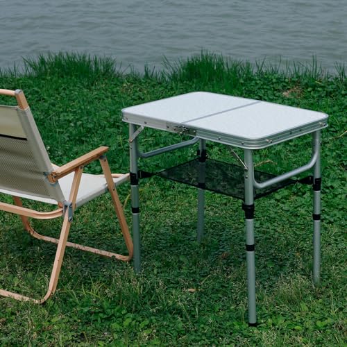 Small Folding Camping Table, 2ft Portable Picnic Table Aluminum 24" x 16" Folding Table, 3 Adjustable Heights Portable Lightweight Table Dining Table for RV, Picnic, Beach (White) - color: White