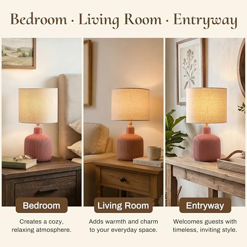 Ceramic Table Lamp, 17.75" Rustic Farmhouse Bedside Lamp with Beige Linen Shade, Warm Ambient Nightstand Lighting for Bedroom or Living Room, Painted Terra - color: Terracotta