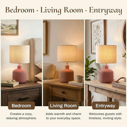Ceramic Table Lamp, 17.75" Rustic Farmhouse Bedside Lamp with Beige Linen Shade, Warm Ambient Nightstand Lighting for Bedroom or Living Room, Painted Terra - color: Terracotta