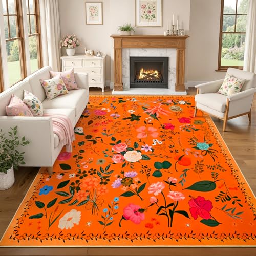 ISEAU 6x9 Area Rug for Living Room,Washable Rug for Bedroom Dorm,Orange Red | Floral Rugs with Non-Slip Botton, Low-Pile Indoor Carpet for Bedroom Kids Playroom Nursery Office Dining Room Dorm Decor - color: Orange Red, size: 6ftx9ft