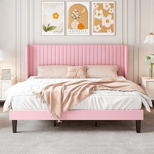 SHA CERLIN King Size Velvet Bed Frame, Tufted Wingback Headboard, Pink | 47'' Modern Vertical Channel Headboard, Upholstered Platform Bed, Wood Slats, No Box Spring Needed, Easy Assembly, Noise Free - color: Pink, size: King