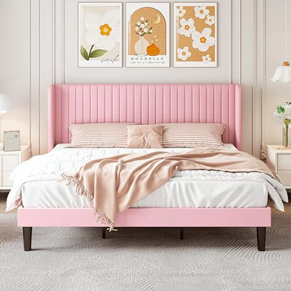 SHA CERLIN King Size Velvet Bed Frame, Tufted Wingback Headboard, Pink | 47'' Modern Vertical Channel Headboard, Upholstered Platform Bed, Wood Slats, No Box Spring Needed, Easy Assembly, Noise Free - color: Pink, size: King