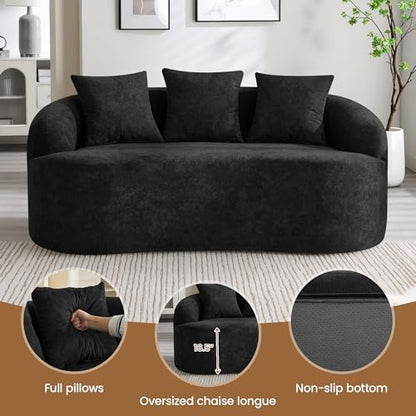 65" Boneless Loveseat Sofa, Curved Chenille Couches for Living Room, Black | Love Seat Cloud Couch, 16.5" Thickened Cushion, 25.2" Deep Seat, Comfy Back Pillow, No Assembly - color: Black, size: Loveseat Sofa