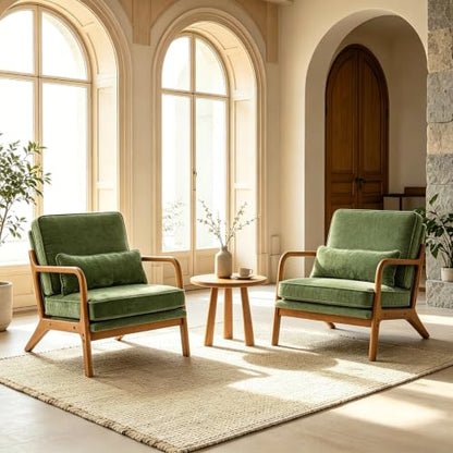 Karl home Mid-Century Modern Accent Reading Chair, Olive Green | Chenille Upholstered, Solid Wood Frame, Soft Cushion, Lumbar Pillow, Lounge Armchair for Living Room, Bedroom, Balcony, Study - color: Chenille Olive Green