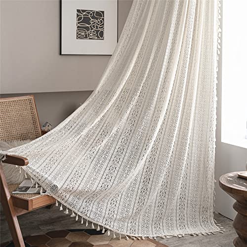 Sutuo Home Boho Curtain Crochet Lace Semi-Sheer Florals Hollow Knitted Handmade Tassels, Rod Pocket Window Treatment Vintage Rustic Farmhouse Drapes for Living Bedroom, 1 Panel 59" W x 96" L, Beige - color: Beige Floral Crochet, size: 59"W x 96"L (Pack of