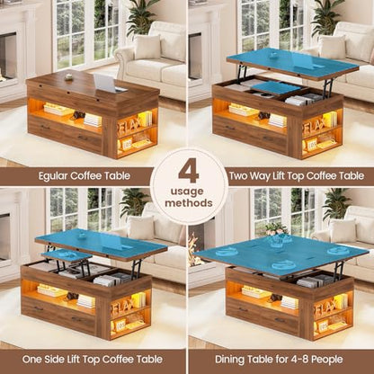 Itaar Lift Top Coffee Table, 4 in 1 Coffee Tables with Storage and Hidden Compartment, Farmhouse Coffee Table with 2 Fabric Drawers & LED Light for Living Room, Brown - color: Brown