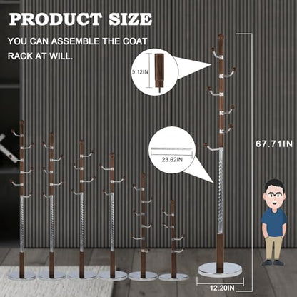 Coat Racks FreeStanding with 11 Hooks, Natural Wood Coat Rack with Solid Round Base, Adjustable Height Coat Racks, Easy Assembly for Hallway, Bedroom and Office (Walnut Metal) - color: Walnut Metal